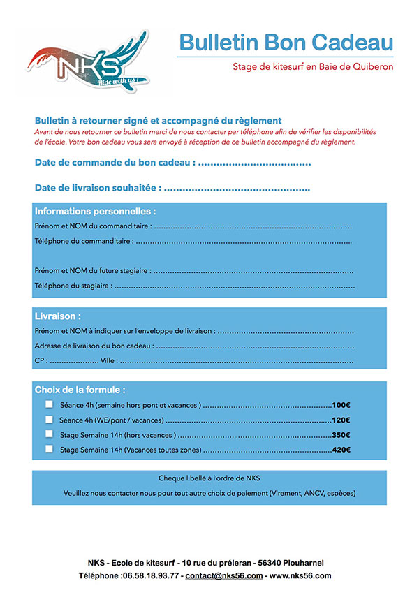 Bulletin pour offrir un bon cadeau NKS, école de kitesurf